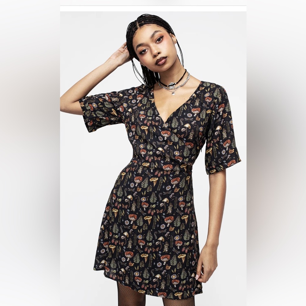 Disturbia Luthien Wrap Floral Black Dress with Short Sleeves